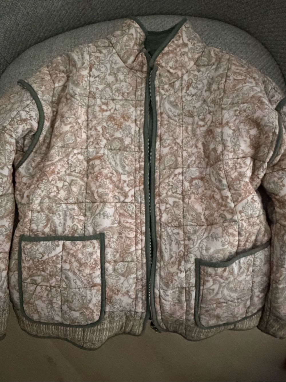 Womens Quilted Paisley Jacket in Light Pink and Olive Trim